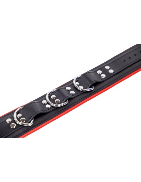 Collier en cuir rembourré avec 3 anneaux D Rouge