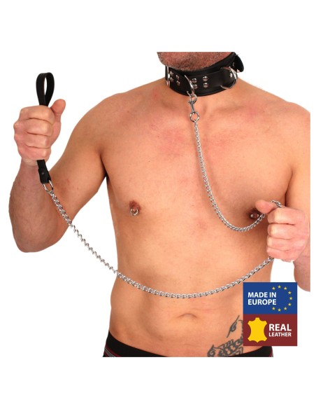 Laisse en cuir avec Chaîne en métal 1m