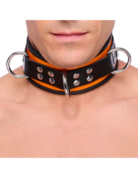 Collier en cuir 3 Anneaux D Orange-Noir