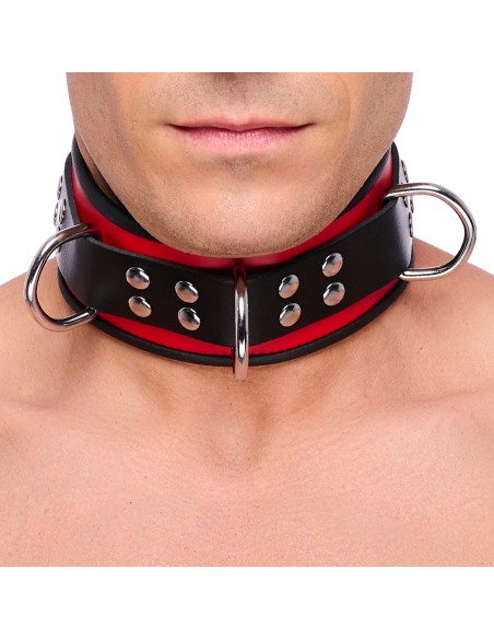 Collier en cuir 3 Anneaux D Rouge-Noir