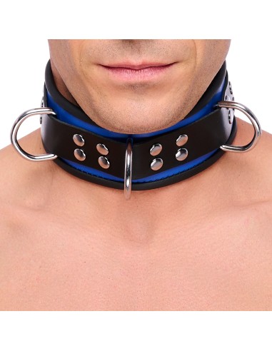Collier en cuir - 3 anneaux D - Bleu/Noir