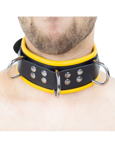 Collier en cuir - 3 anneaux D - Noir/ Jaune