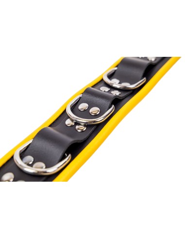 Collier en cuir - 3 anneaux D - Noir/ Jaune