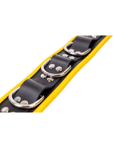 Collier en cuir - 3 anneaux D - Noir/ Jaune
