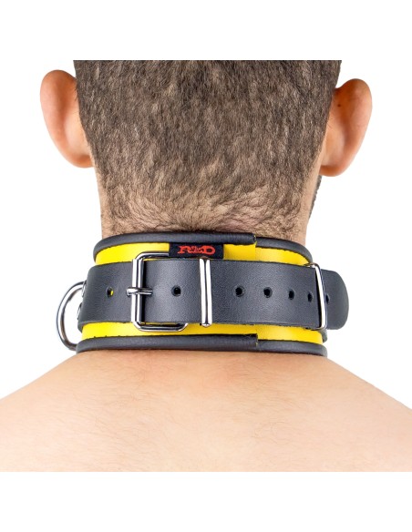 Collier en cuir - 3 anneaux D - Noir/ Jaune